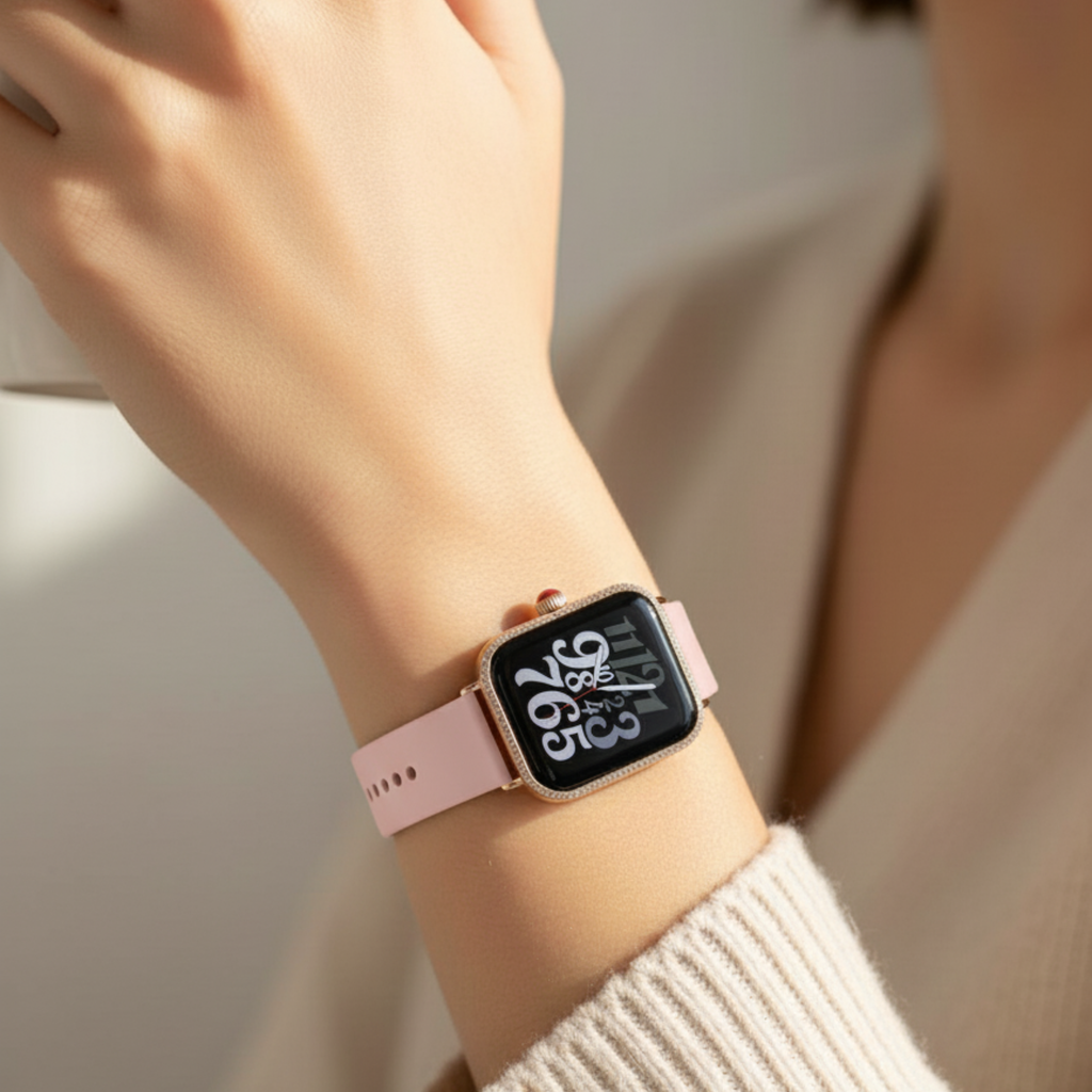 Mini ZT-S11 Ladies Smart Watch | AMOLED Display | Pink Silicone Strap + Twisted Rose Gold Metal Chain