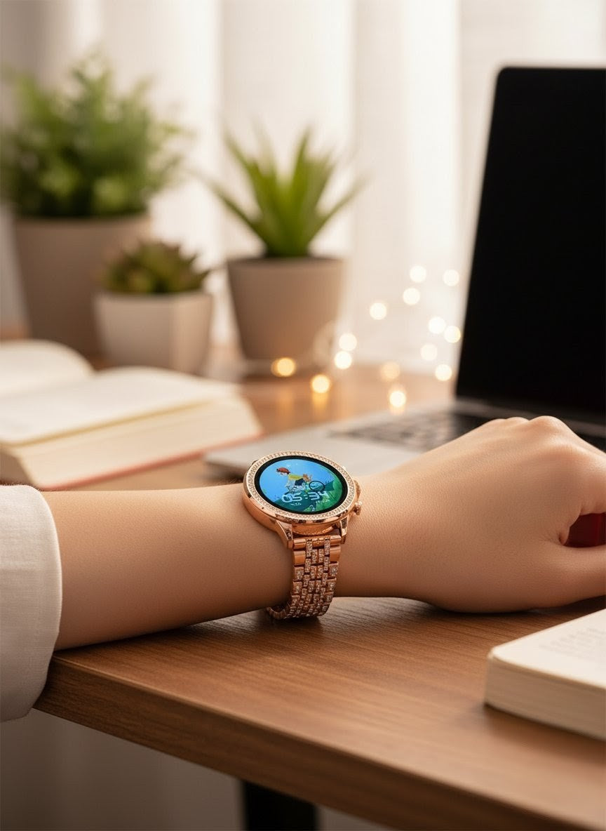 DW Lady Round Dial Smart Watch | 2-in-1 Combo | Pink Silicone & Diamond-Engraved Rose Gold Strap