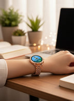 DW Lady Round Dial Smart Watch | 2-in-1 Combo | Pink Silicone & Diamond-Engraved Rose Gold Strap