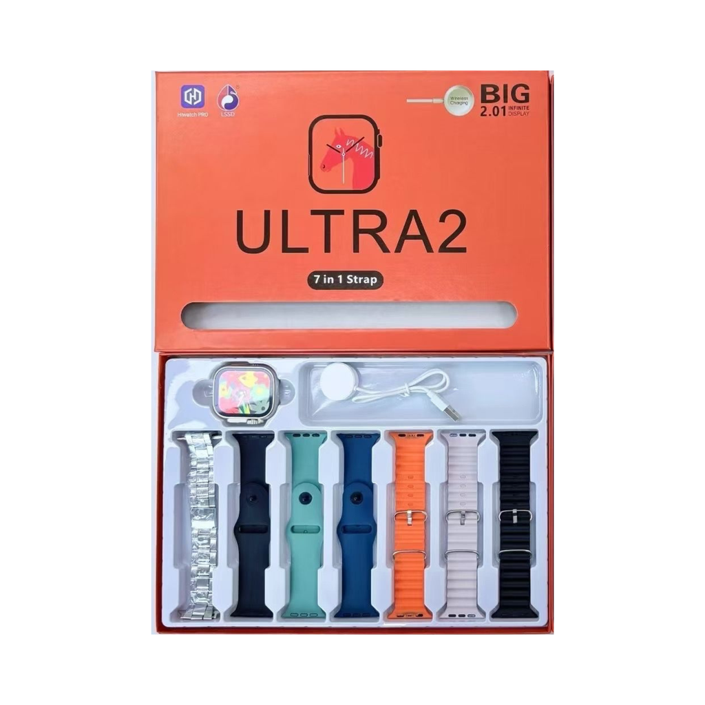 Orange Box Ultra 2 Smart Watch | 7-in-1 Combo | Silver Dial + 6 Straps + 1 Metal Chain
