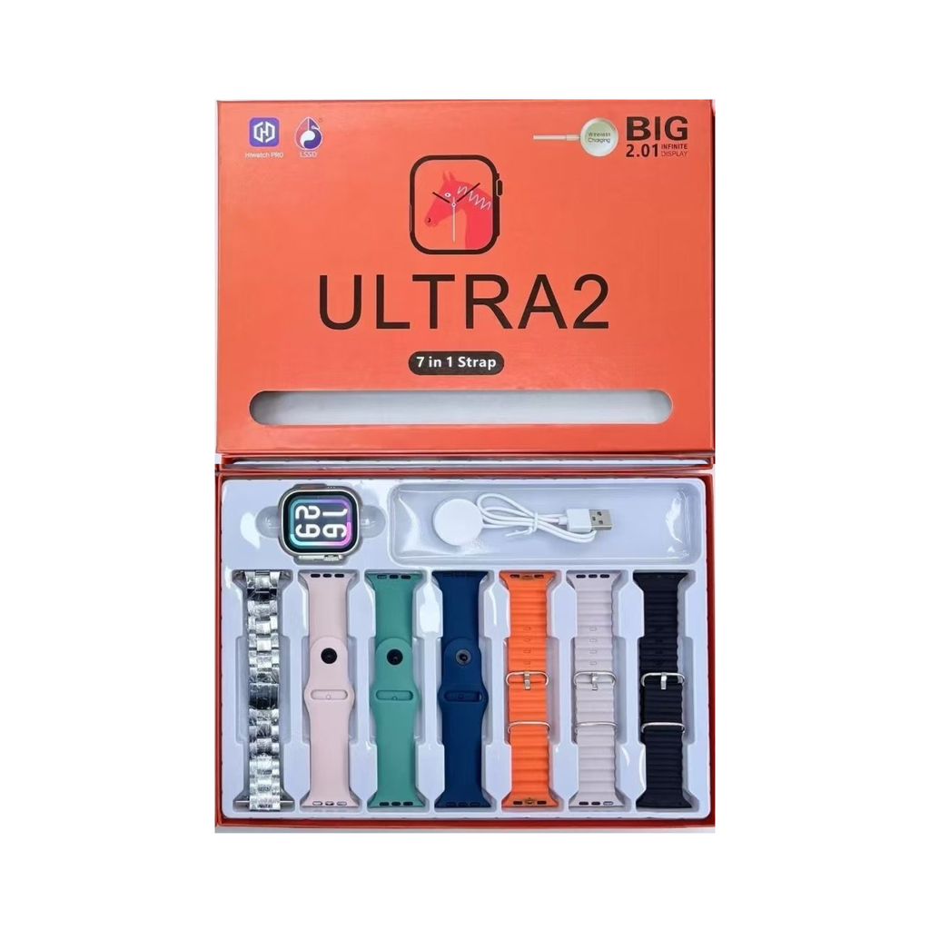 Orange Box Ultra 2 Smart Watch | 7-in-1 Combo | Silver Dial + 6 Straps + 1 Metal Chain