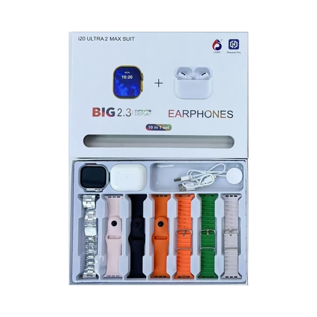 i-20 Ultra 3 Max Smart Watch Combo | Wireless Earbuds + 6 Straps + 1 Metal Chain | Silver, Black & Golden Colors