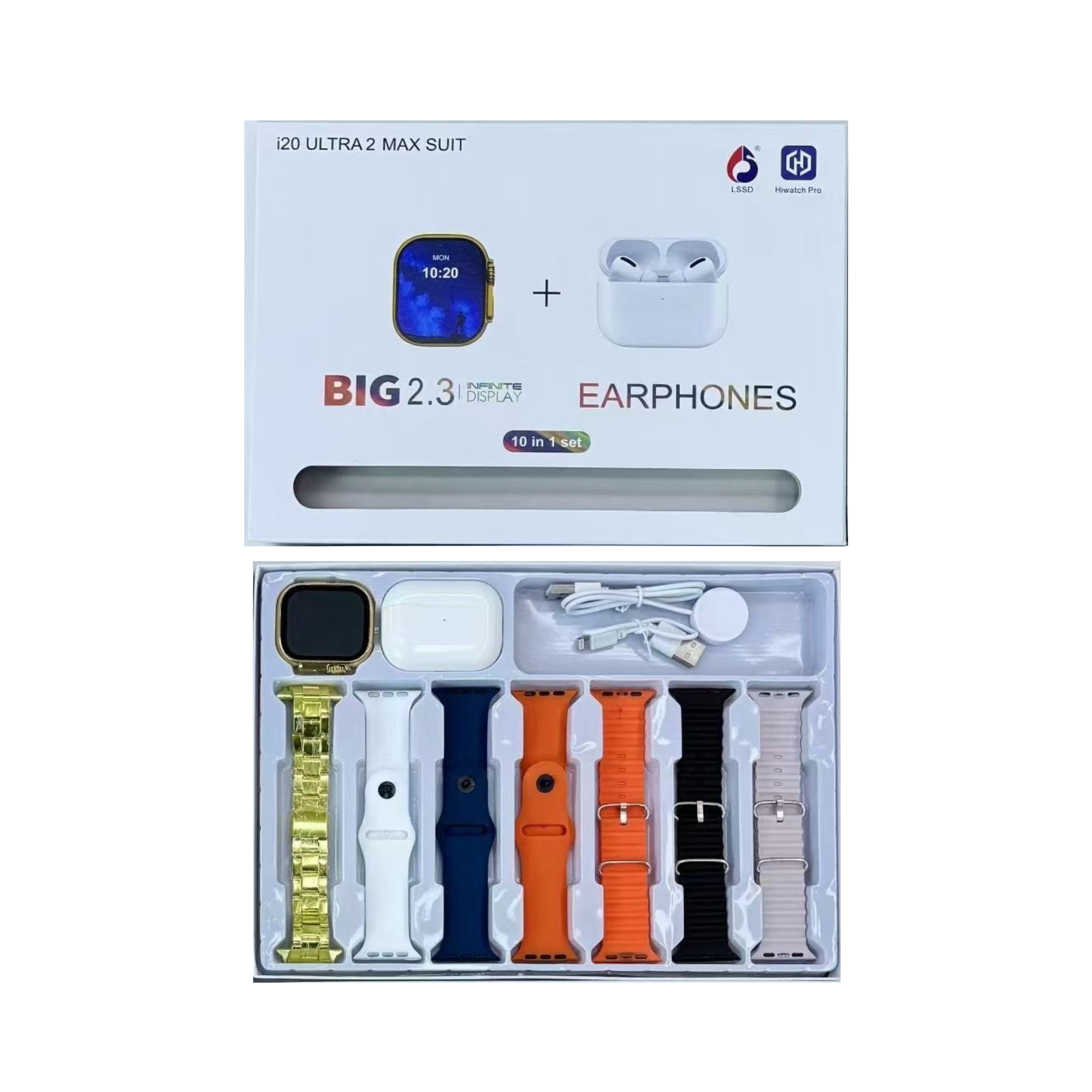 i-20 Ultra 3 Max Smart Watch Combo | Wireless Earbuds + 6 Straps + 1 Metal Chain | Silver, Black & Golden Colors