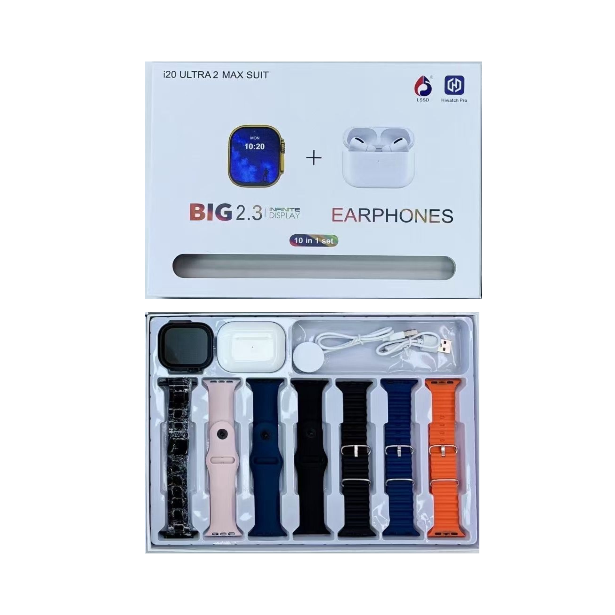 i-20 Ultra 3 Max Smart Watch Combo | Wireless Earbuds + 6 Straps + 1 Metal Chain | Silver, Black & Golden Colors